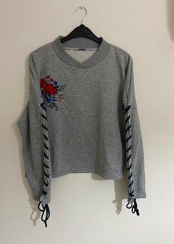 Nakışlı Örgü Gri Kadın Sweatshirt
