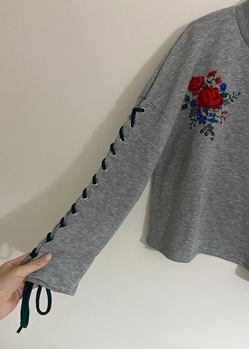 xs Beden gri Renk Nakışlı Örgü Gri Kadın Sweatshirt