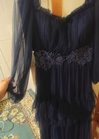 Lacivert Straplez Uzun Gotik Abiye Elbise - Görsel 3