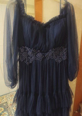 Lacivert Straplez Uzun Gotik Abiye Elbise - Görsel 2