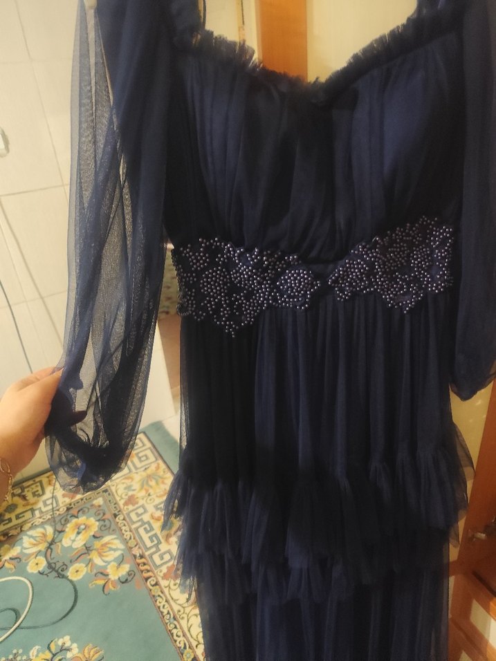 Lacivert Straplez Uzun Gotik Abiye Elbise - Görsel 3