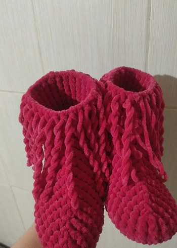 Kız Çocuk Pembe Örgü Sıcak Ev Terliği - Görsel 3