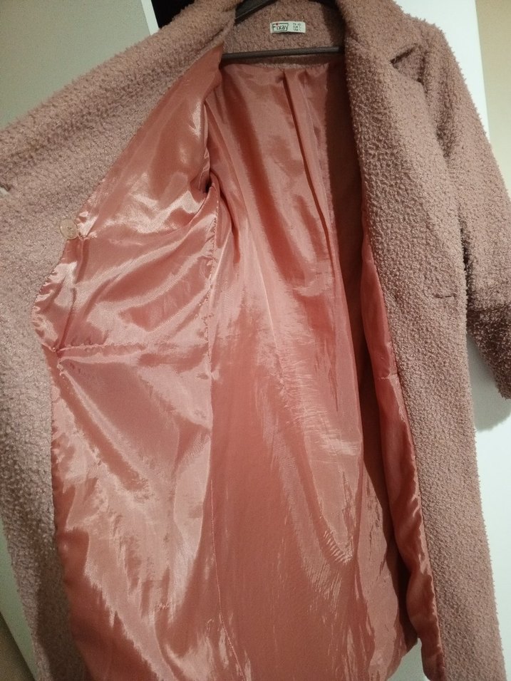 gül kurusu rengi Uzun Peluş Kadın Kaban - Görsel 5