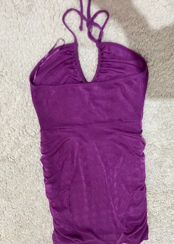 Mor Drapeli V Yakalı Mini Elbise - Görsel 4