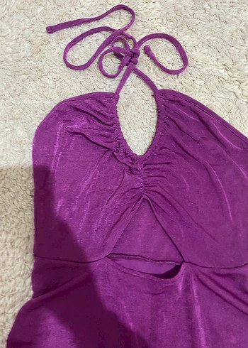 Mor Drapeli V Yakalı Mini Elbise - Görsel 3