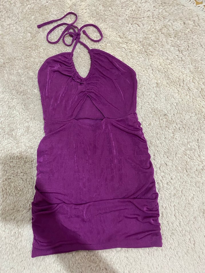 Mor Drapeli V Yakalı Mini Elbise - Görsel 2