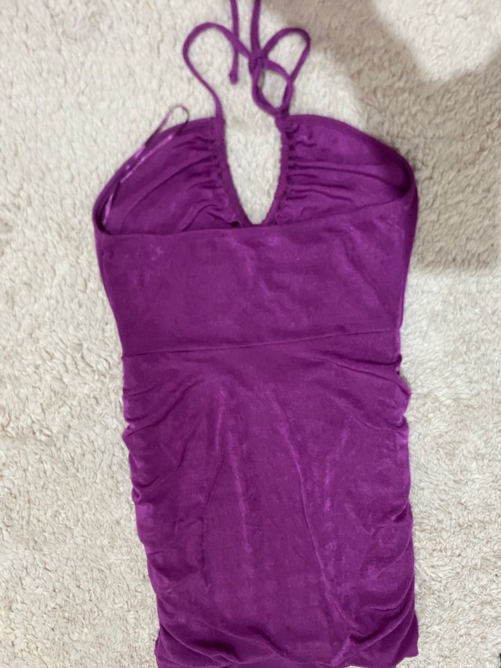 Mor Drapeli V Yakalı Mini Elbise - Görsel 4