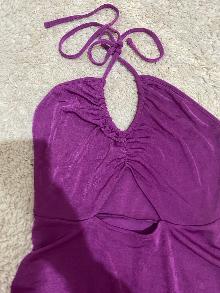 Mor Drapeli V Yakalı Mini Elbise - Görsel 3