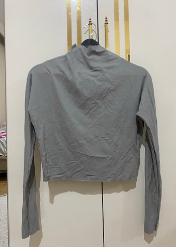 Dik Yaka Düz Uzun Kollu Kadın Crop - Görsel 3