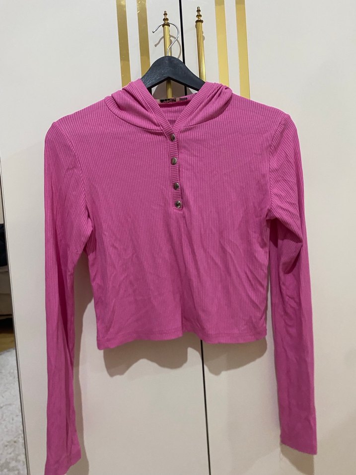 Düğmeli V Yakalı Pembe Kadın Kazak - Görsel 4