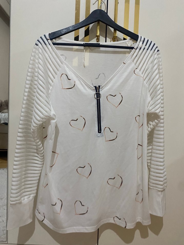 V Yaka Fermuarlı Beyaz  Bluz - Görsel 2