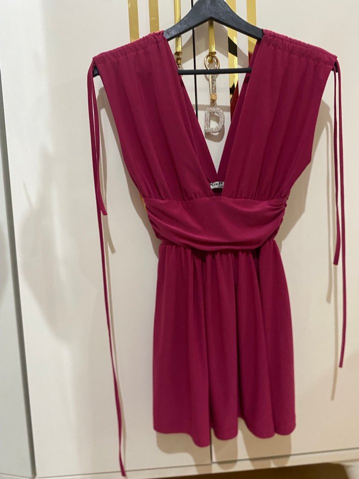 Bordo V Yakalı Drapeli Mini Elbise - Görsel 2