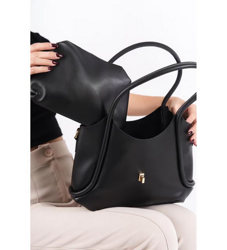 Sokak Tarzı Kürklü Siyah Deri Kadın İkili Çanta - Görsel 2