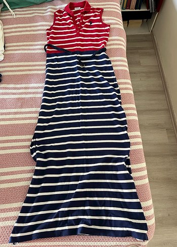 s Beden Kolsuz Kırmızı Çizgili Kız Polo Elbise