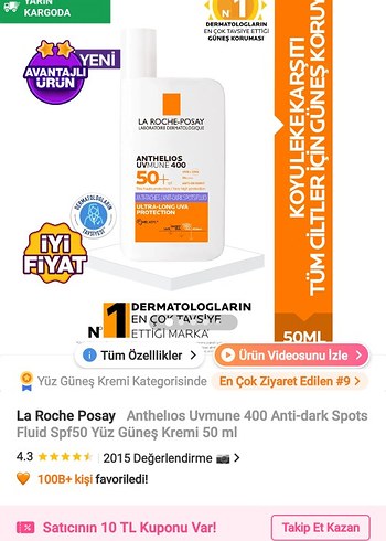 La Roche Posay Anthelios Uvmune 400 SPF50 Yüz Güneş Kremi 50 ml