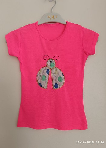 Kız Çocuk Renkli Boncuk İşlemeli Pembe Tişört - Görsel 4