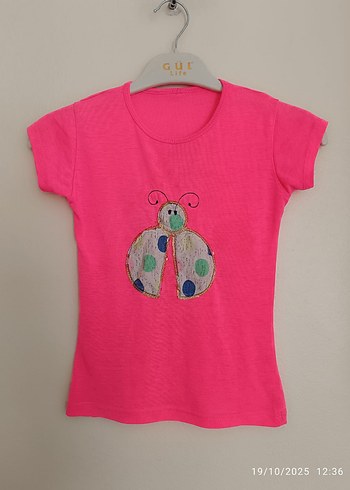 Kız Çocuk Renkli Boncuk İşlemeli Pembe Tişört - Görsel 3