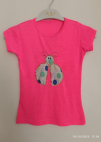 Kız Çocuk Renkli Boncuk İşlemeli Pembe Tişört - Görsel 2