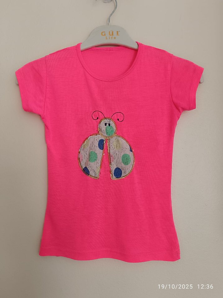 Kız Çocuk Renkli Boncuk İşlemeli Pembe Tişört - Görsel 4