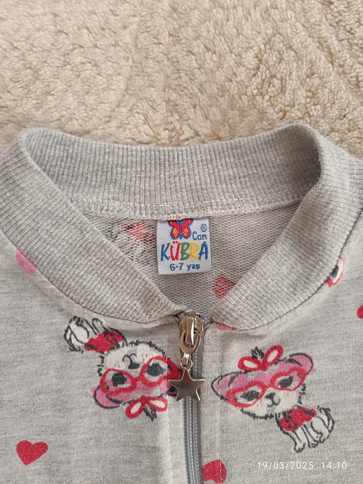 Kız Çocuk Gri Desenli Fermuarlı Sweatshirt - Görsel 2