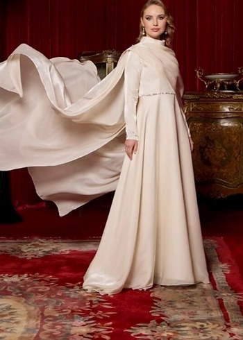 Uzun Kollu Beyaz A Kesim Abiye - Görsel 3