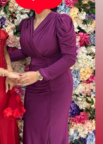 Uzun Kollu Mor V Yaka Drapeli Elbise - Görsel 3