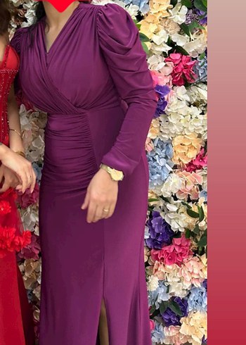 Uzun Kollu Mor V Yaka Drapeli Elbise - Görsel 4