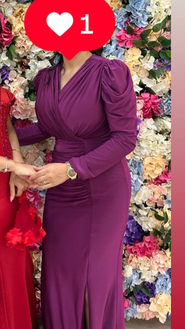 Uzun Kollu Mor V Yaka Drapeli Elbise - Görsel 3