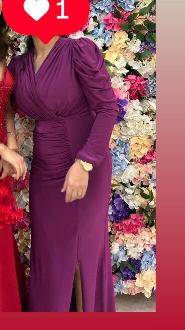 Uzun Kollu Mor V Yaka Drapeli Elbise - Görsel 4