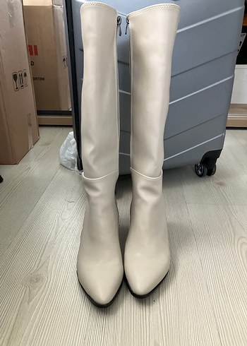 Bej Deri Stiletto Topuklu Dizüstü Kadın Çizme - Görsel 5