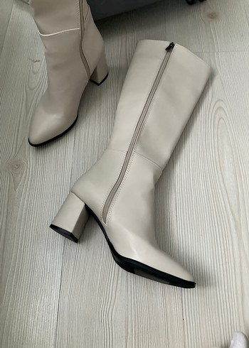 Bej Deri Stiletto Topuklu Dizüstü Kadın Çizme - Görsel 3