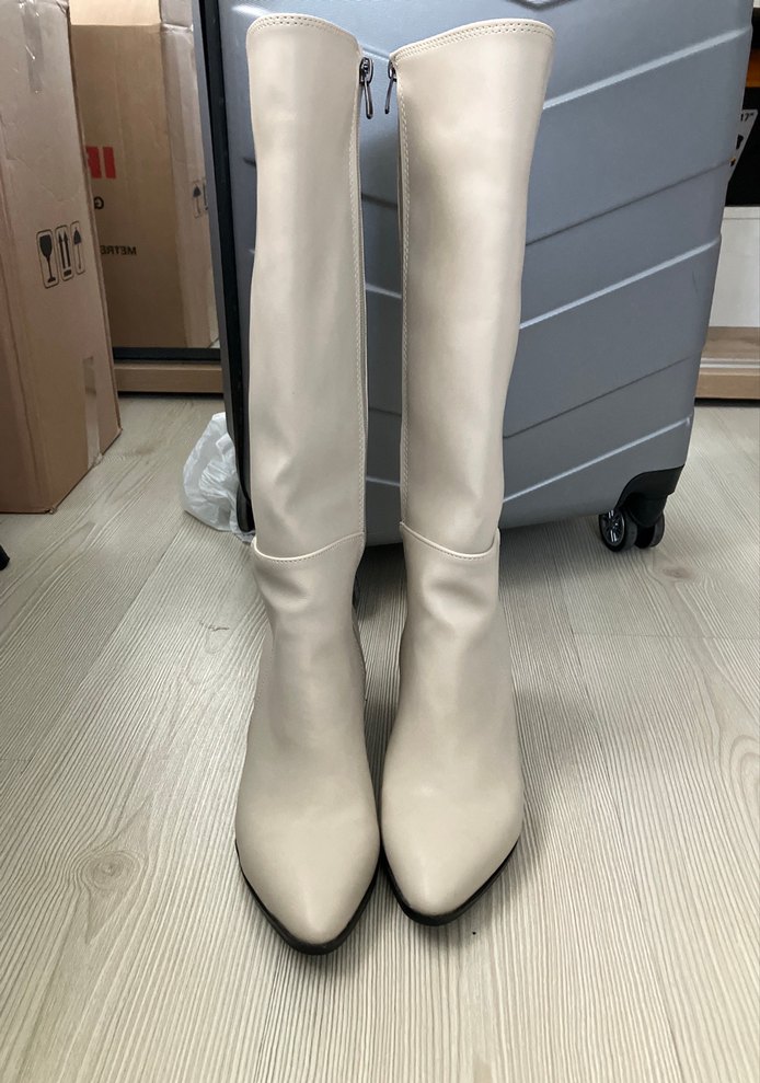 Bej Deri Stiletto Topuklu Dizüstü Kadın Çizme - Görsel 5