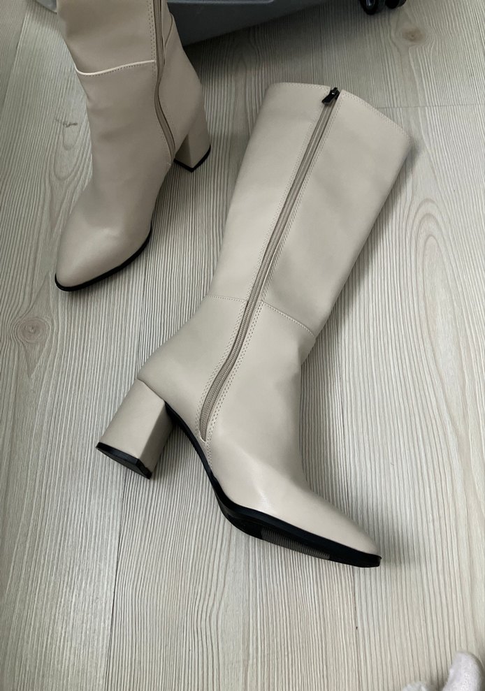 Bej Deri Stiletto Topuklu Dizüstü Kadın Çizme - Görsel 3