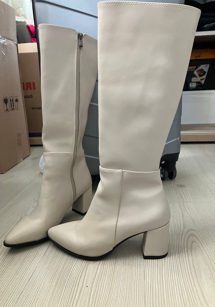 Bej Deri Stiletto Topuklu Dizüstü Kadın Çizme - Görsel 2