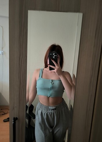Turkuaz fermuarlı crop