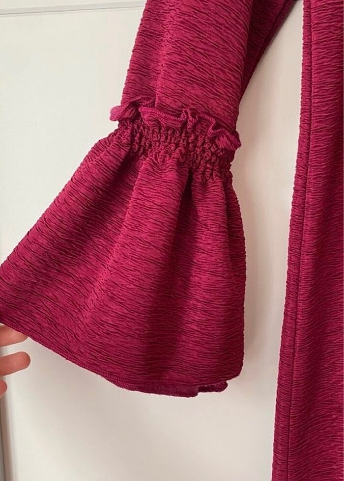 Bordo Volan Kol Detaylı Uzun Elbise - Görsel 2