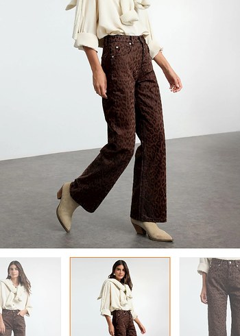 Kahverengi Leopar Desenli Süet Geniş Paça Pantolon - Görsel 2