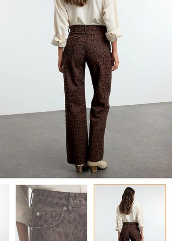 Kahverengi Leopar Desenli Süet Geniş Paça Pantolon - Görsel 3