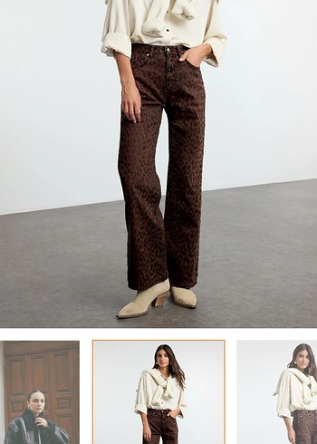 Kahverengi Leopar Desenli Süet Geniş Paça Pantolon - Görsel 4