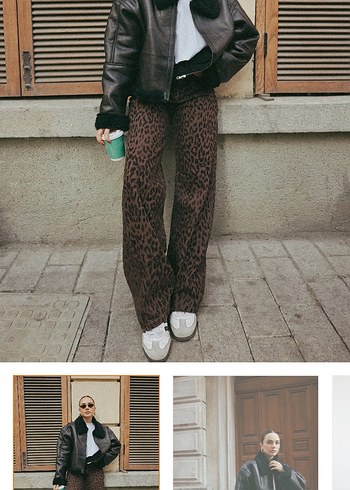 Kahverengi Leopar Desenli Süet Geniş Paça Pantolon - Görsel 6