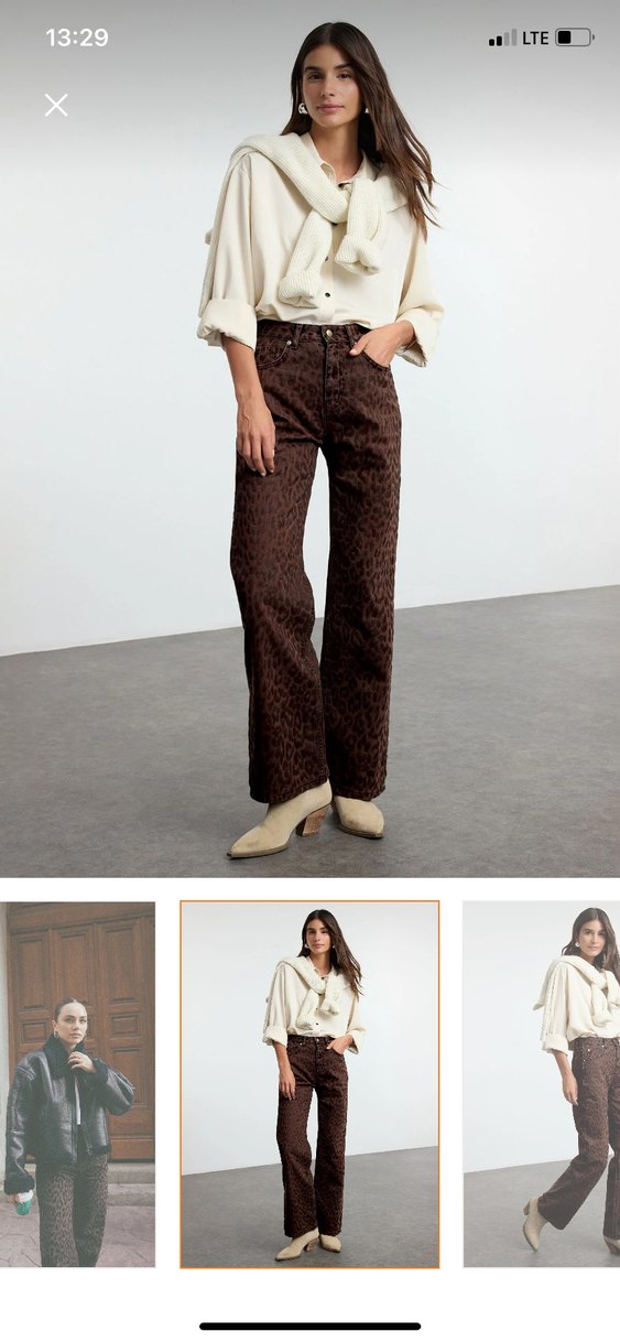 Kahverengi Leopar Desenli Süet Geniş Paça Pantolon - Görsel 4