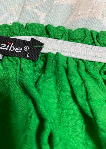 l Beden Yeşil Uzun Keten Elbise Ruffle Detaylı