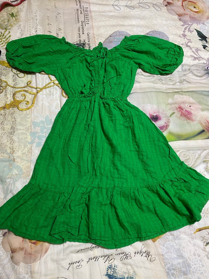 Yeşil Uzun Keten Elbise Ruffle Detaylı - Görsel 2