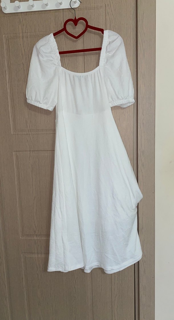 Beyaz Midi Keten Bohem Elbise - Görsel 4