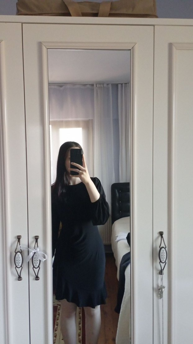 Siyah Uzun Kollu Drapeli Elbise - Görsel 4