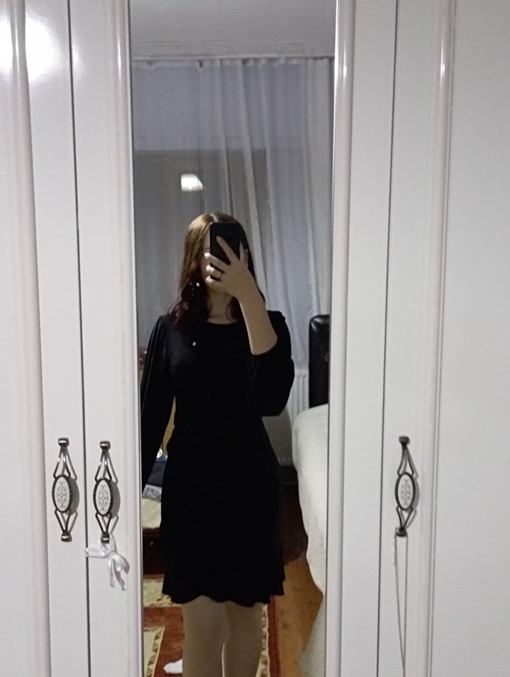 Siyah Uzun Kollu Drapeli Elbise - Görsel 2