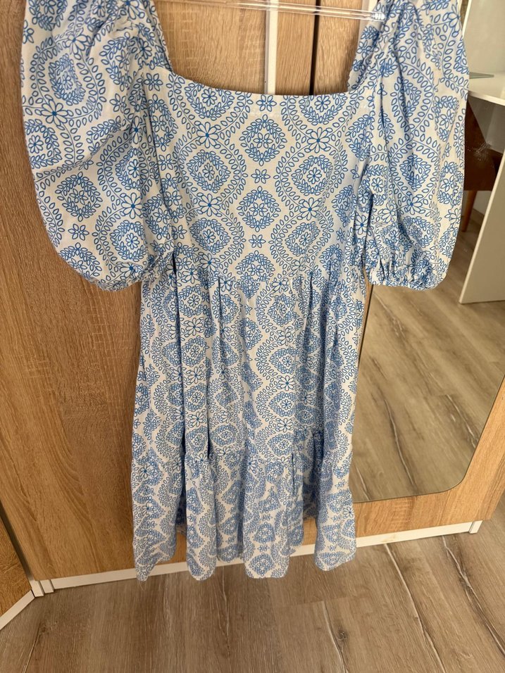 Mavi Bohem Mini Elbise, Renkli Desenli - Görsel 4