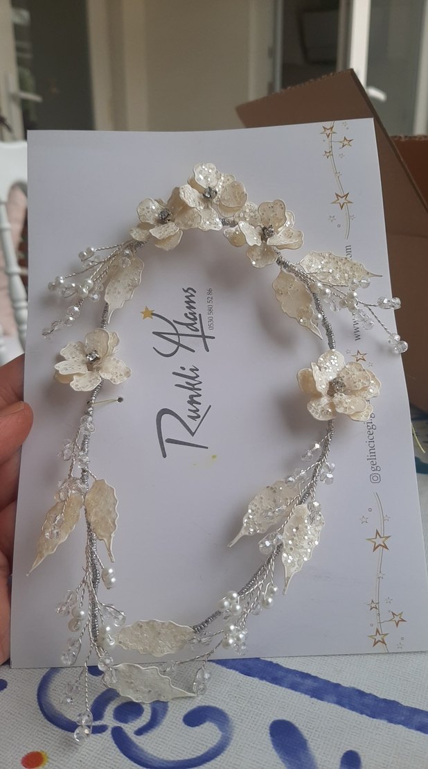 Boncuklu Bej Örgü Saç Aksesuarı - Görsel 2