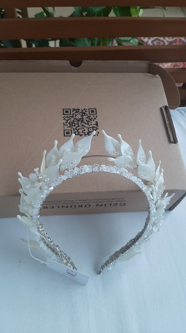 Beyaz Seramik Boncuklu Bohem Taç - Görsel 5