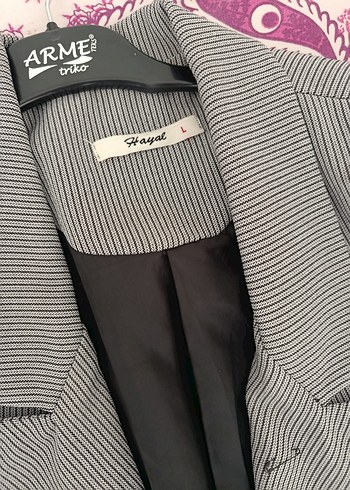 m Beden Gri Çizgili Keten Kadın Blazer Ceket
